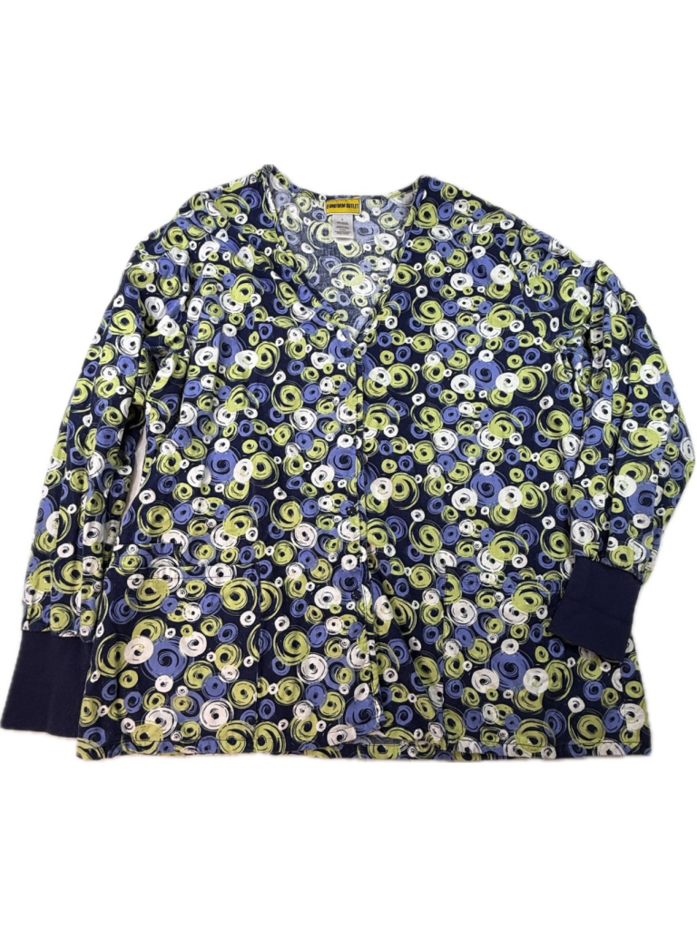 The Uniform Outlet Scrub Jacket Women’s Large Blue Green Swirl Print Snap Front